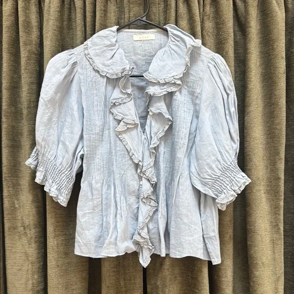 Doen French Blue Henri Ruffled Women's Top. Such a special blouse! Hard to find - Picture 1 of 6